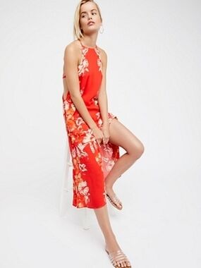 Free People Red Floral Halter Midi Dress with Side Slit